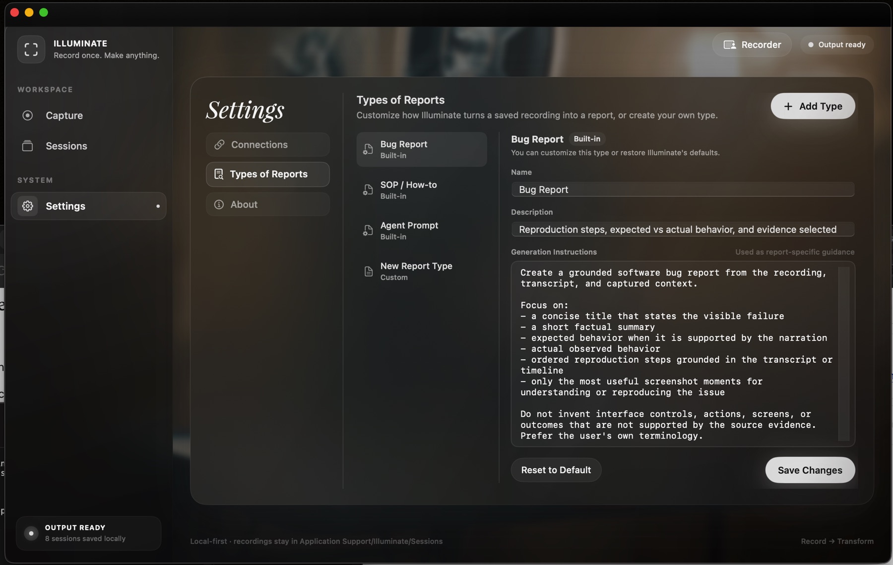 Settings, Types of Reports, showing the editable generation instructions for the built-in Bug Report